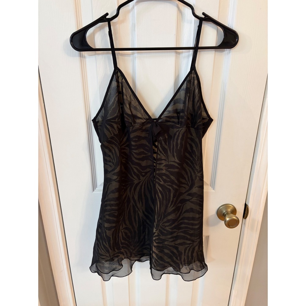 Kathy Ireland Chemise Womens Medium Black Zebra Print y2k Sheer Mesh